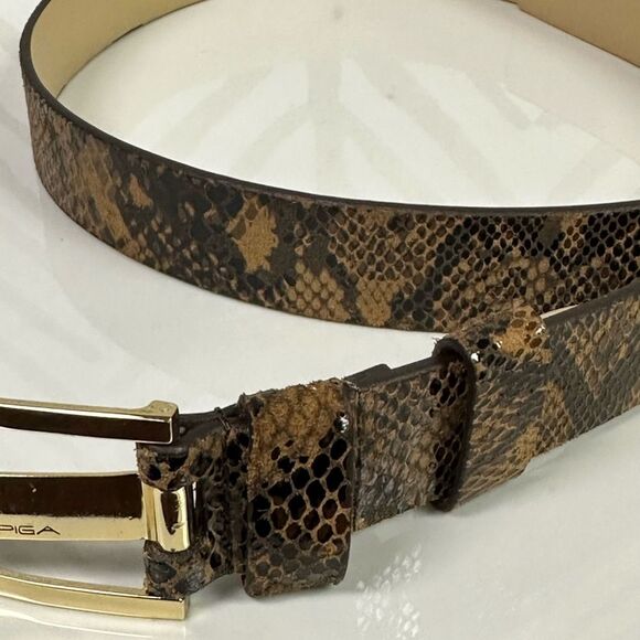 Via Spiga Brown Snake Print Belt Gold Logo Hardware Size M - Picture 3 of 6